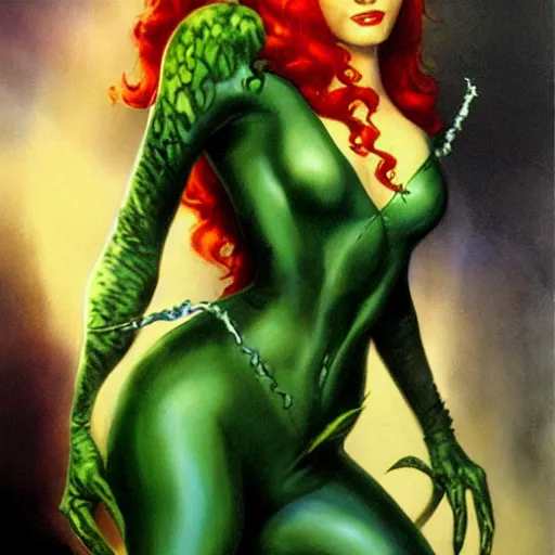 Image similar to poison ivy from batman, painting by Julie Bell