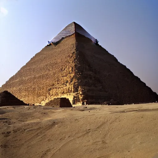 Image similar to a photograph of the great pyramid of giza at the early stages of construction with heavy scaffolding in place, the top of the pyramid has yet to be built, dslr high resolution