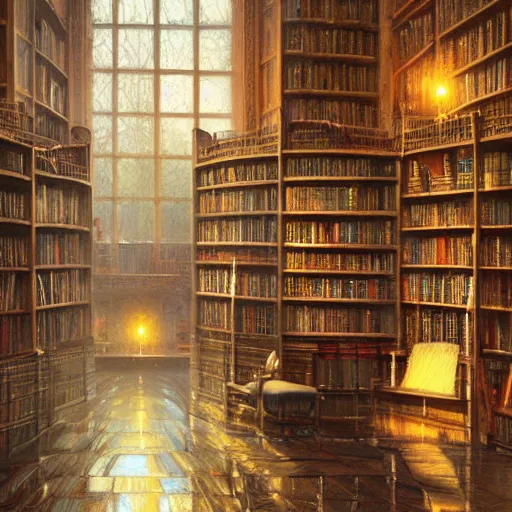 Prompt: liminal space, library, hyper realistic, detailed, oil on canvas, by Greg Rutkowski, Thomas Kinkade