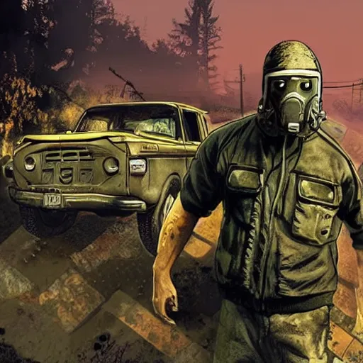 Prompt: S.T.A.L.K.E.R. in the style of GTA 5 cover art