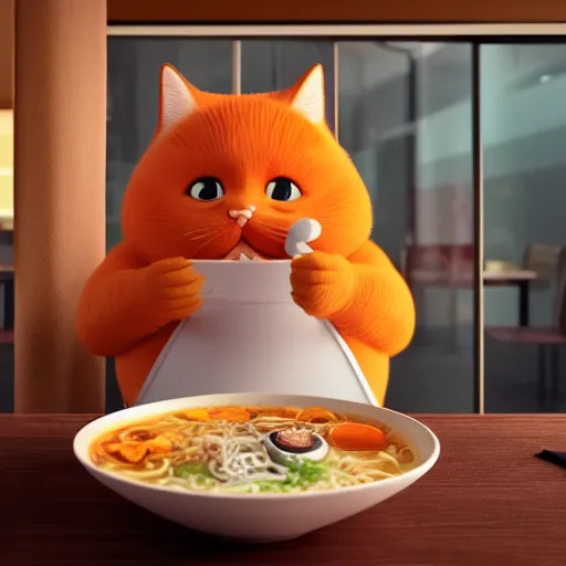 Image similar to Fat, cute orange cat in a suit eating ramen, busy restaurant, close up, octane render by Osamu Tezuka, details, 4K, 8K