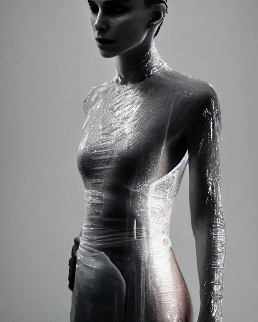 Prompt: nathalie portman wearing a risque outfit made from cling film, half body portrait, greg kutkowski, sharp details, soft lighting, subsurface scattering, pearls of sweat, glistening skin, warm lighting