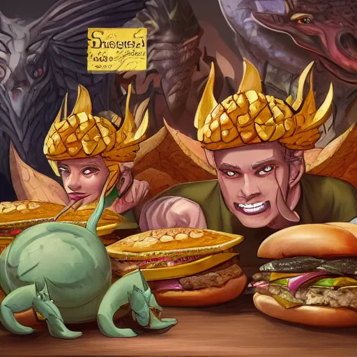 Image similar to Tiamat guarding a pile of cheeseburgers, dungeons and dragons, wizards of the coast, trending on art station, maximum detail, HD, cinematic