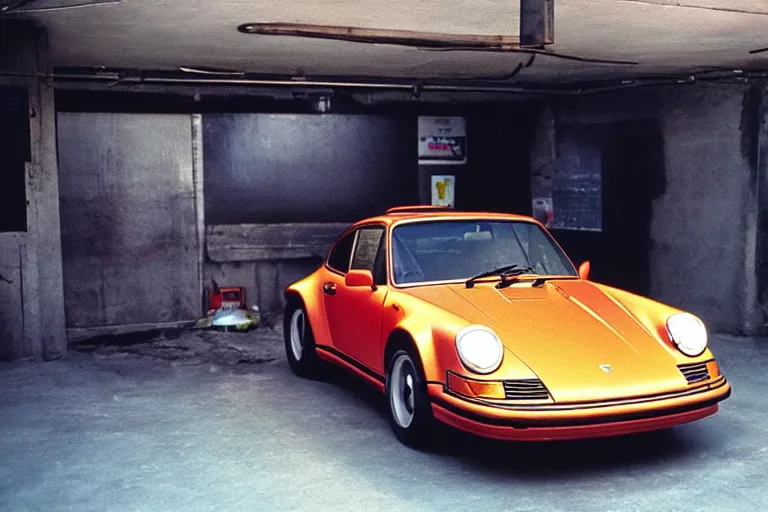 Prompt: a single 1 4 8 0 porsche 9 1 1, inside of a tokyo garage, ektachrome photograph, movie still from bladerunner