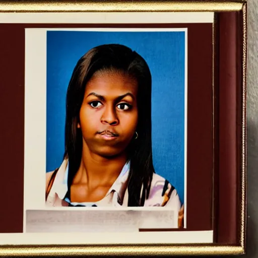 Image similar to a portrait photo of 20 year old female obama, with a sad expression, looking forward