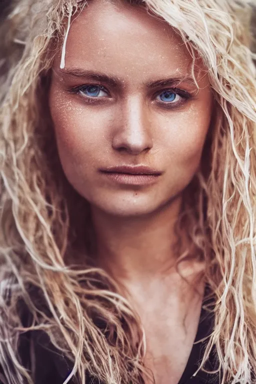 Image similar to head shot photo of a blonde female model in her twenties, hair wet, wearing a designer top, looking content, photo realistic, extreme detail skin, natural beauty, no filter, slr, golden hour, 4 k, high definition, selfie