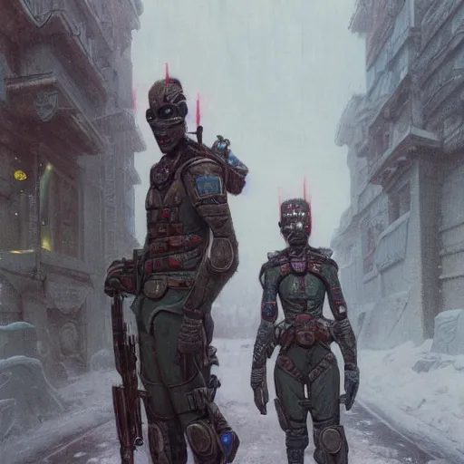 Image similar to portrait of futuristic soldiers squad on the art deco streets of the undying empire city of ya - sattra during the festival of masks, snow, winter, award - winning realistic sci - fi concept art by beksinski, bruegel, greg rutkowski, alphonse mucha, and yoshitaka amano