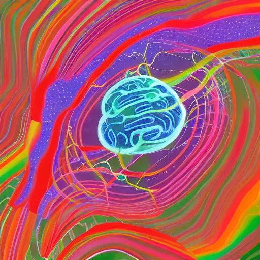 Prompt: an artistic portrayal of the human brain as interconnected galaxies, colorful ants traverse the nodes, in the style of The Universe