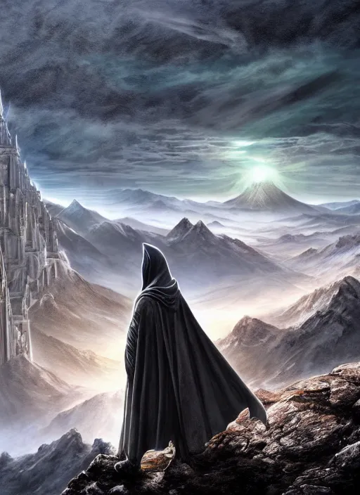 Image similar to hooded figure in lord of the rings scenery cosmic landscape, looking out at a huge tibetan temple on a mountain, god's rays, highly detailed, vivid color, cinematic lighting, perfect composition, 8 k, gustave dore, derek zabrocki, greg rutkowski, belsinski, octane render