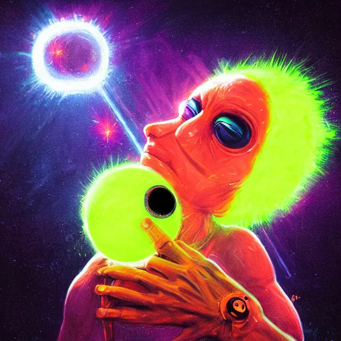 Image similar to cinematic portrait of a cute tennis ball monster in space, neon lasers, chalk, masterpiece, trending on artstation, featured on pixiv, cinematic composition, dramatic pose, beautiful lighting, sharp details, hyper - detailed, hd, hdr, 4 k, 8 k, art by basil gogos