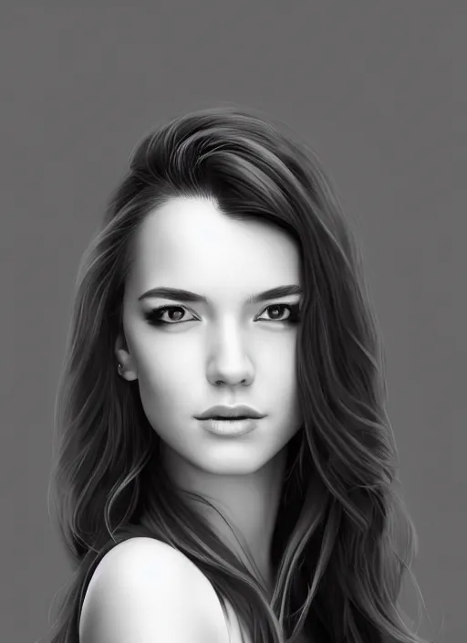 Image similar to full body portrait of a beautiful young woman in black and white, photorealistic, hair down to waist, sharp focus, in the style of Kevin Kostic, Stephen Lau and artgerm, hyper sharp focus, 8k highly detailed