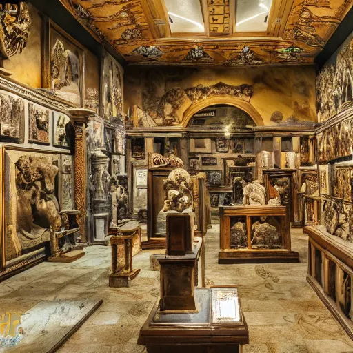 Prompt: An enormous treasure trove filled with ancient treasures, wide shot, ultra-high definition, 4K, museum quality photo