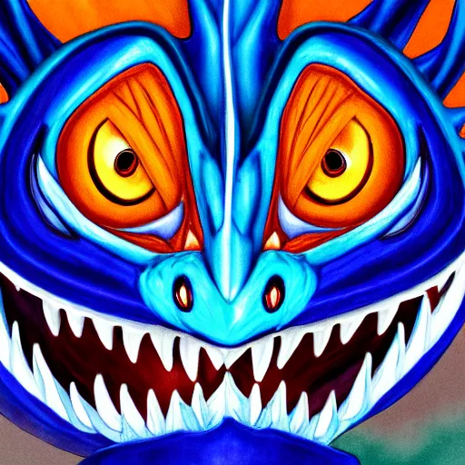 Image similar to highly detailed portrait of a blue dragon with a white lower jaw and orange eyes