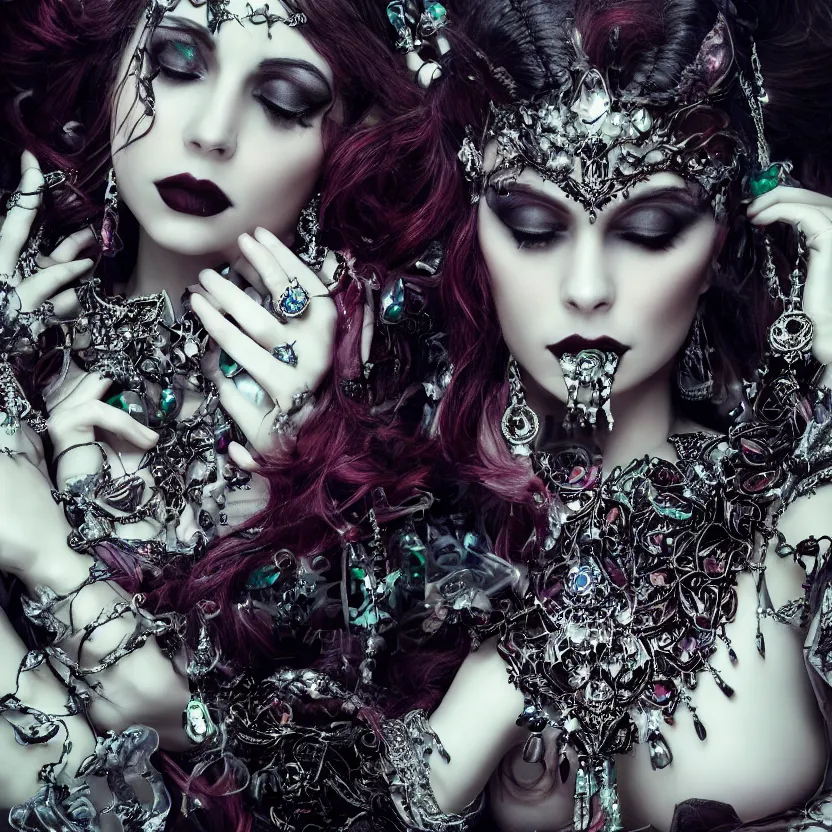 Prompt: stunning Gothic goddess of jewels beauty, dark and mysterious, atmospheric, ominous, eerie, cinematic, Epic, 8k, 4k, ultra detail, ultra realistic, rendered by awesomeness