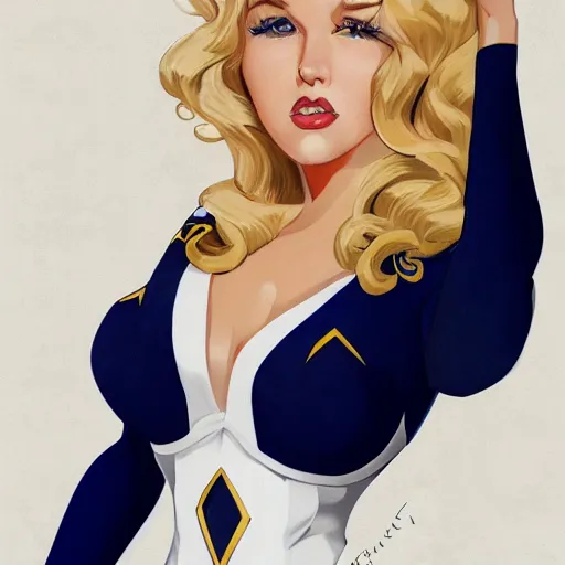 Image similar to a beautiful pin - up portrait of a beautiful cute superhero woman, blonde hair, matte navy - blue bodysuit, white cape, intricate, elegant, 8 k, highly detailed, digital painting, concept art, smooth, sharp focus, illustration, anime style