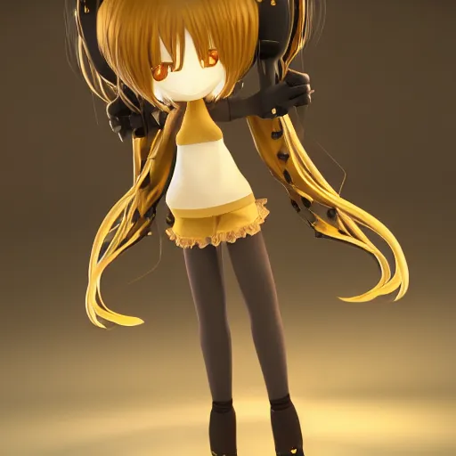 Image similar to cute fumo plush of a girl with prosthetic mechanical arms, golden velvet, bokeh, cyberpunk anime girl, vray