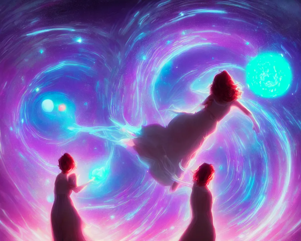 Image similar to a beautiful whimsical woman standing under a multi-colored binary blackhole with an accretion disc, casting magic, glowing trails following her arms, acidwave, hall of mirrors, interstellar galaxy, by Lois van Baarle, by Greg Rutkowski, by artgerm, by beeple, by studio ghibli, cinematic angle, volumetric lighting, 4k resolution, octane render, trending on artstation, masterpiece