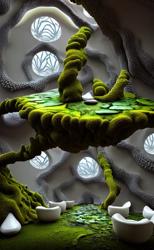 Image similar to highly detailed ultra sharp 3 d coral villa interior cinematic composition of a smooth ceramic porcelain biomorphic magnolia leaves stone nebula fluid fractal sci - fi surreal architecture landscape, granite, metallic, marble, moss, lichen, vincent callebaut composition, mamou - mani, archviz, beautiful lighting, 8 k, unreal engine, hdr,