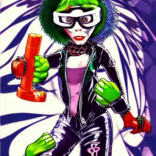 Image similar to a cybergoth woman wearing goggles and eccentric jewelry by jamie hewlett : : full body character concept art, detailed,