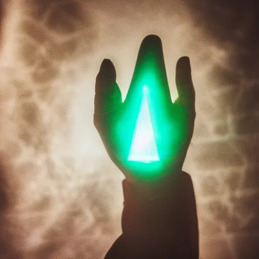 Image similar to a glowing shard of kryptonite held in an open black - gloved hand, night photography