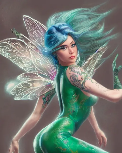 Prompt: a close - up of beautiful tattooed blonde fairy wearing a magical emerald leotard in disney land, hyper realistic face, blue eyes, fantasy art, in the style of greg rutkowski, illustration, epic, fantasy, intricate, hyper detailed, artstation, concept art, smooth, sharp focus, vibrant