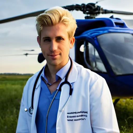 Image similar to blond male doctor in front of helicopter, epic lighting