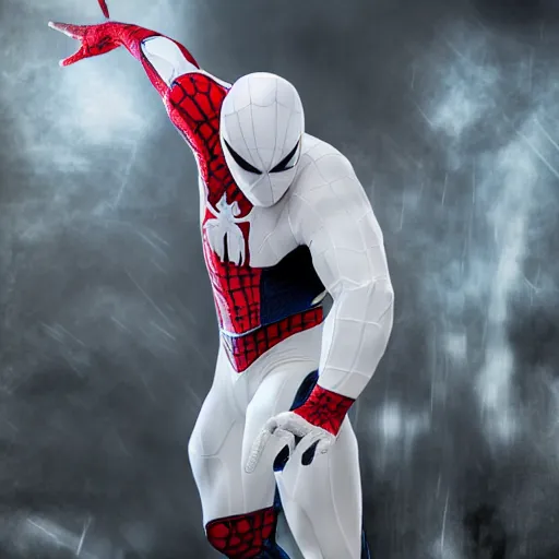 Image similar to white spider - man suit with black web lining, cinematic, volumetric lighting, realistic, hyperdetailed, photorealistic, photograph