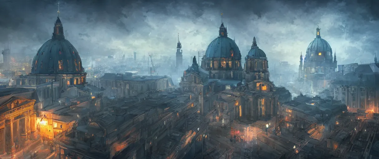 Image similar to futuristic nazi german city, Berlin cathedral, concept art, digital painting, style of jordan grimmer, futuristic, volumetric lighting, view from below, symmetrical, vivid colours, bright, daytime, godrays