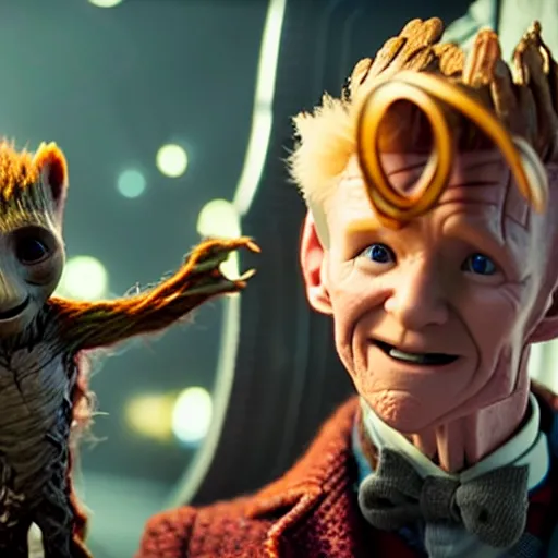 Image similar to newt scamander taking care of baby groot from guardians of the galaxy, film still from the movie, directed by david yates