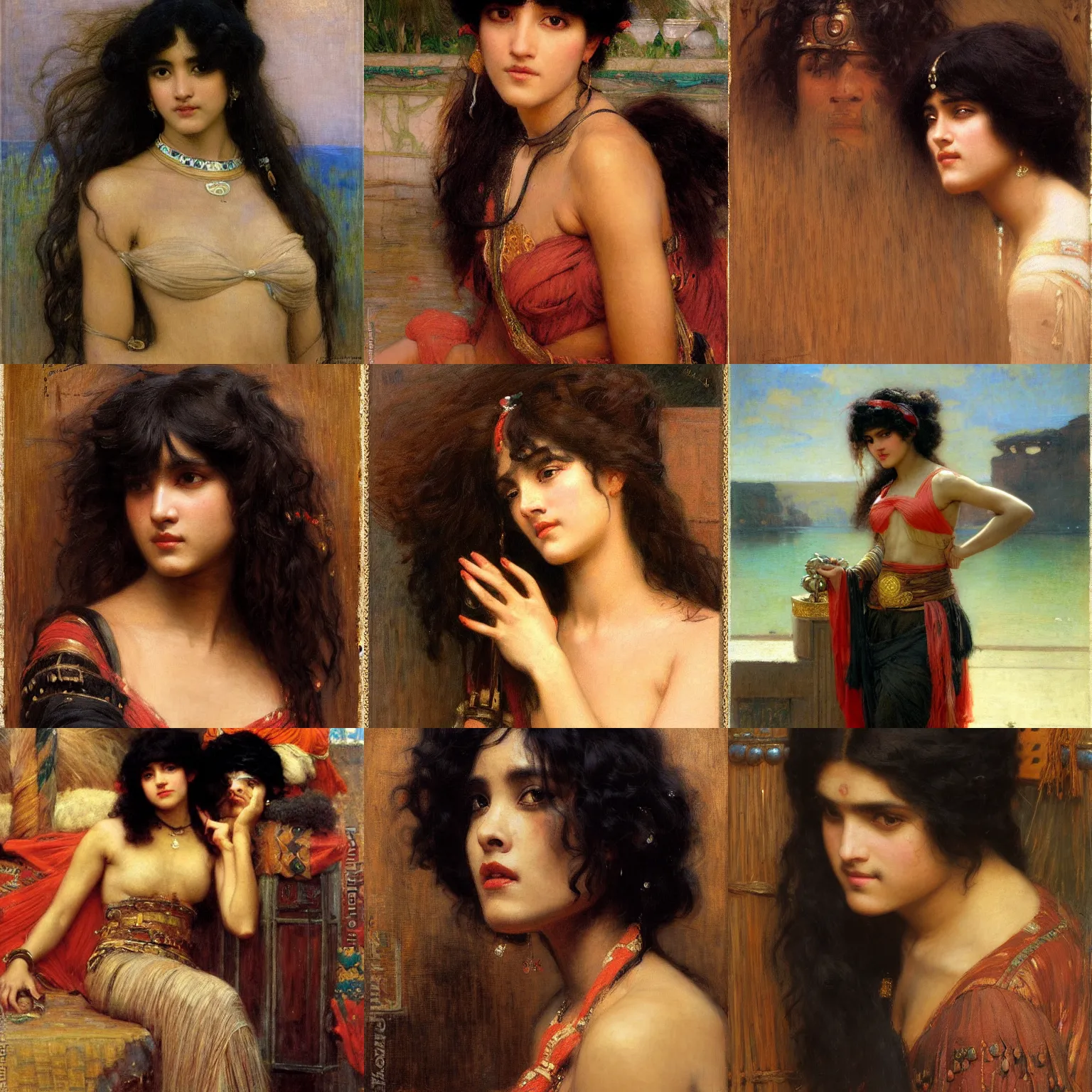 Prompt: orientalism painting of bangs, curly black hair woman with brown skin portrait by john william waterhouse and Edwin Longsden Long and Theodore Ralli and gaston bussiere. Cinematic, hyper realism, dramatic lighting, high detail 8k