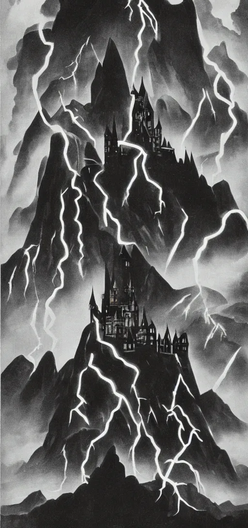 Prompt: black fantasy castle in a montain with lightning bolts in 1940s propaganda poster