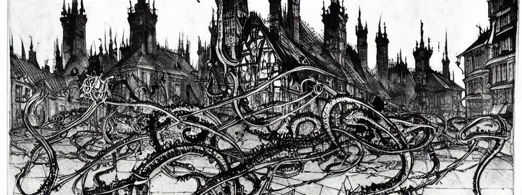 Image similar to the alchemical art of etching by master anders zorn. a lovecraftian horror destroying a city. ink highly detailed lines