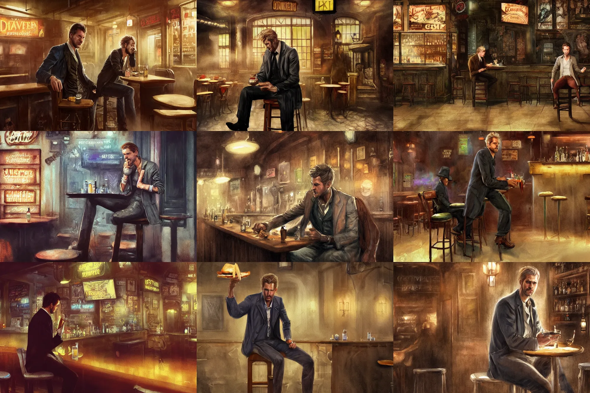 Prompt: matte painting character illustration of john constantine sitting down on a barstool at a dive bar in london eating a sandwich, digital painting, illustration, constantine, john singer sargent, amazing values, 8 k, magical creatures in the background, watercolor texture, gothic, octane render,