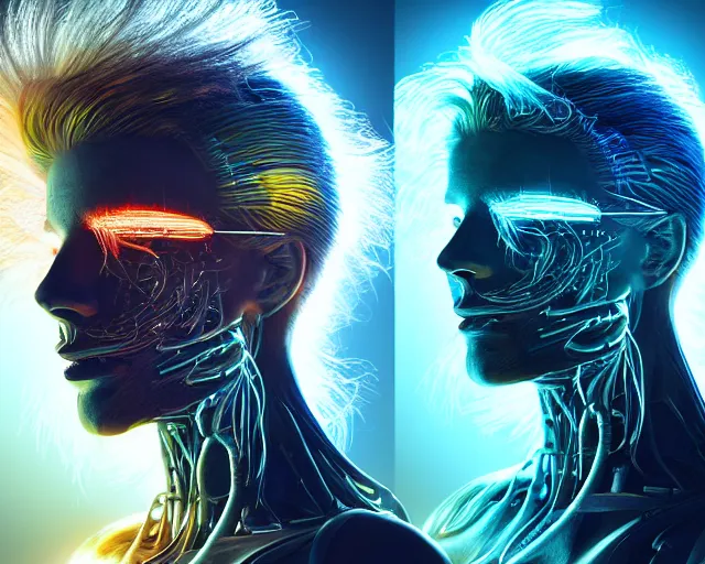 Image similar to glowing hair, complex cybernetic beings, beautiful hairy humanoids, cybermagnetosphere, cybernetic civilizations, ornate hair, love, joy, vortexes, large arrays, data holograms, 8 k, cinematic light shadows, wet hdr refractions, *, * * *, * * * * *