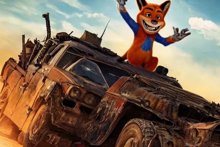 Image similar to nick wilde, heavily armed and armored facing down armageddon in a dark and gritty reboot from the makers of mad max : fury road : witness me