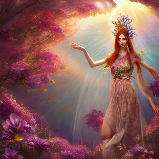 Image similar to Elven druid queen in a swirling sundress of flowers, underwater, floral explosion, radiant light, vortex of plum petals, by WLOP, Hasui Kawase and artgerm, artstation, deviantart