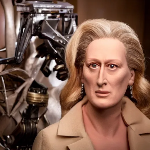 Image similar to animatronic Meryl Streep, exposed mechanics, photo, Stan Winston studios, detailed, 4k