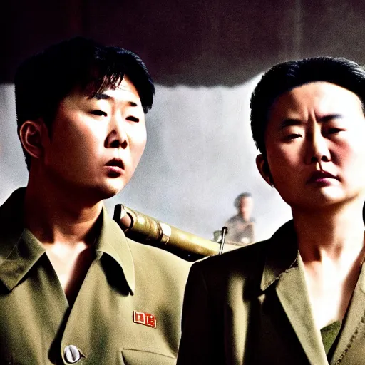 Image similar to low resolution filmstill of a north Korean thriller in the style of Kim Jong-il and Shinya Tsukamoto, Mamiya medium format, cinemascope