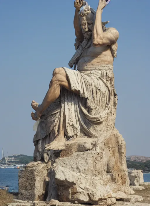 Image similar to colossal statue of an old king at the entrance of an ancient greek harbor, greg rutkowski, 8 k, shallow depth of field, intricate detail, concept art,