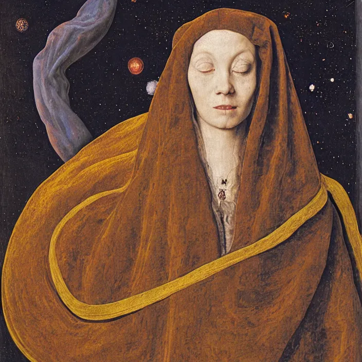 Prompt: a closeup portrait of a cloaked woman floating next to a snake nebula, snake nebula, by jan van eyck