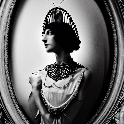 Image similar to black and white photographic dreamy portrait, biomechanical beautiful young female priestess, volumetric light, rim light, by dora maar and cecile beaton, big gothic fashion pearl embroidered collar, 8 k