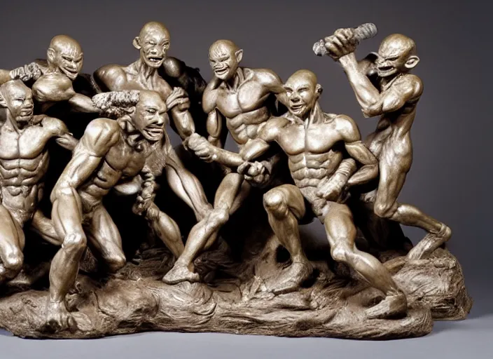 Prompt: a full figure rubber sculpture of a group of fighting goblins, by Michelangelo, dramatic lighting, rough texture, subsurface scattering, wide angle lens