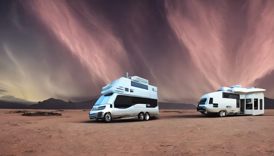 Image similar to professional photograph of a beautiful futuristic Winnebago designed by Buckminster Fuller and Zaha Hadid in a picturesque alien desert. Astronauts are camping nearby. Mammatus clouds worms eye shot, wide-angle, racking focus, extreme panoramic, Dynamic Range, HDR, chromatic aberration, Orton effect intricate, elegant, highly detailed, digital painting, artstation, concept art, smooth, sharp focus, illustration, art by artgerm and greg rutkowski and alphonse mucha