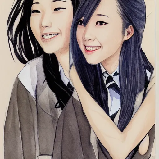 Image similar to a perfect, realistic professional digital sketch of two hyperrealistic Japanese schoolgirls posing, in style of Marvel, full length, by pen and watercolor, by a professional American senior artist on ArtStation, a high-quality hollywood-style sketch, on high-quality paper