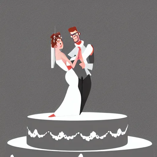 Prompt: exaggerated image of a bride and groom dancing on top of a cake, a rotoscoped image, rotoscoping, digital art, artstation, award winning image