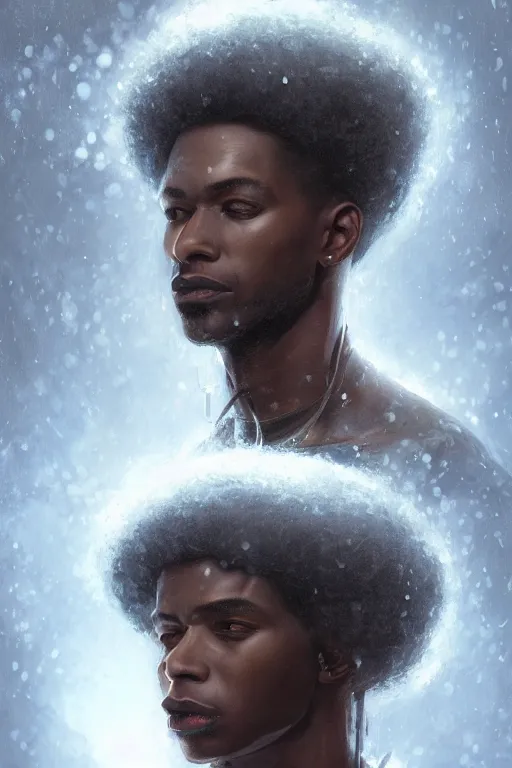 Image similar to ultra realistic illustration, black man with hightop afro, snowy, cold, volumetric lighting, hacknaut cyberpunk, sci - fi, fantasy, intricate, elegant, highly detailed, digital painting, artstation, concept art, smooth, sharp focus, illustration, art by artgerm and greg rutkowski and alphonse mucha