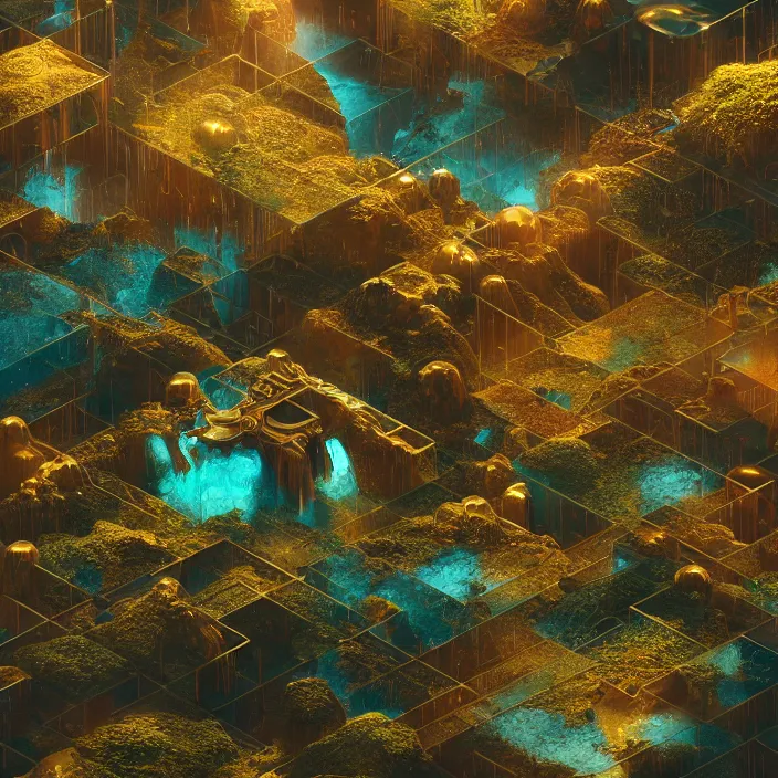 Image similar to a world of dew within every dewdrop a world of struggle, volumetric void of latent space, golden turquoise steampunk, axonometric high contrast cinematic light, mystical shadows, sharp focus, divine realm of gods, octane render,