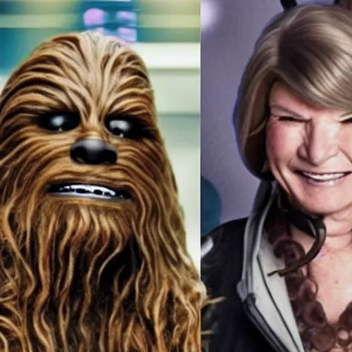 Image similar to snoop dogg as chewbacca and martha stewart as han solo in star wars