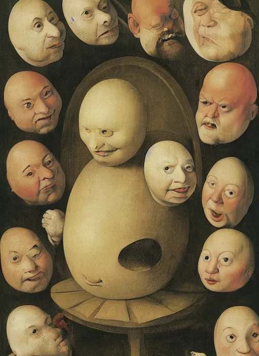 Image similar to a dozen eggs of silly round humpty dumpty with jack black facial expression, realistic, by hieronymus bosch and pieter brueghel