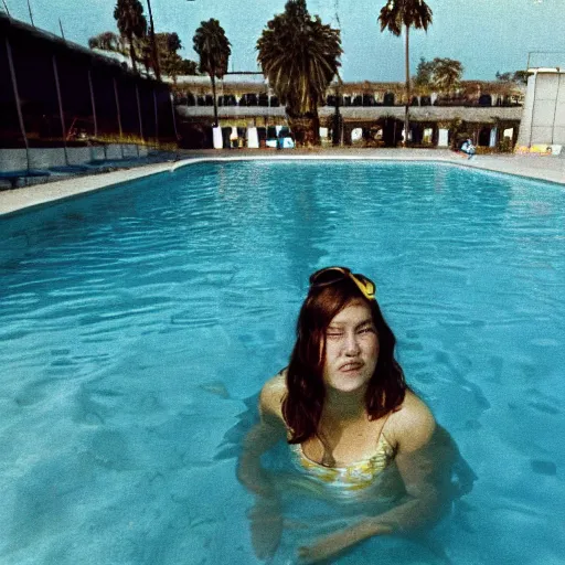 Prompt: one woman in the pool, another women under water, film camera style, la piscine 1 9 6 9 film aesthetics, 1 9 7 0 s, los angeles landscape on the background, evening,